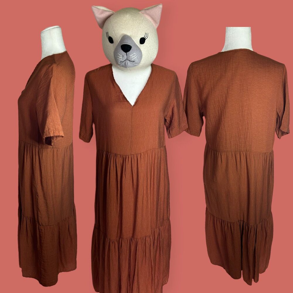 🟠 BURNT ORANGE RUST TIERED MAXI DRESS SHORT SLEEVE MEDIUM